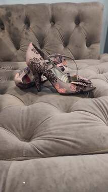 Rocket Dog Octane Grey Floral Satin Double Strap Peep Toe Heels, 7
